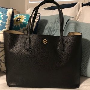 TORY BURCH Black Pebbled Leather Perry Leather Tote